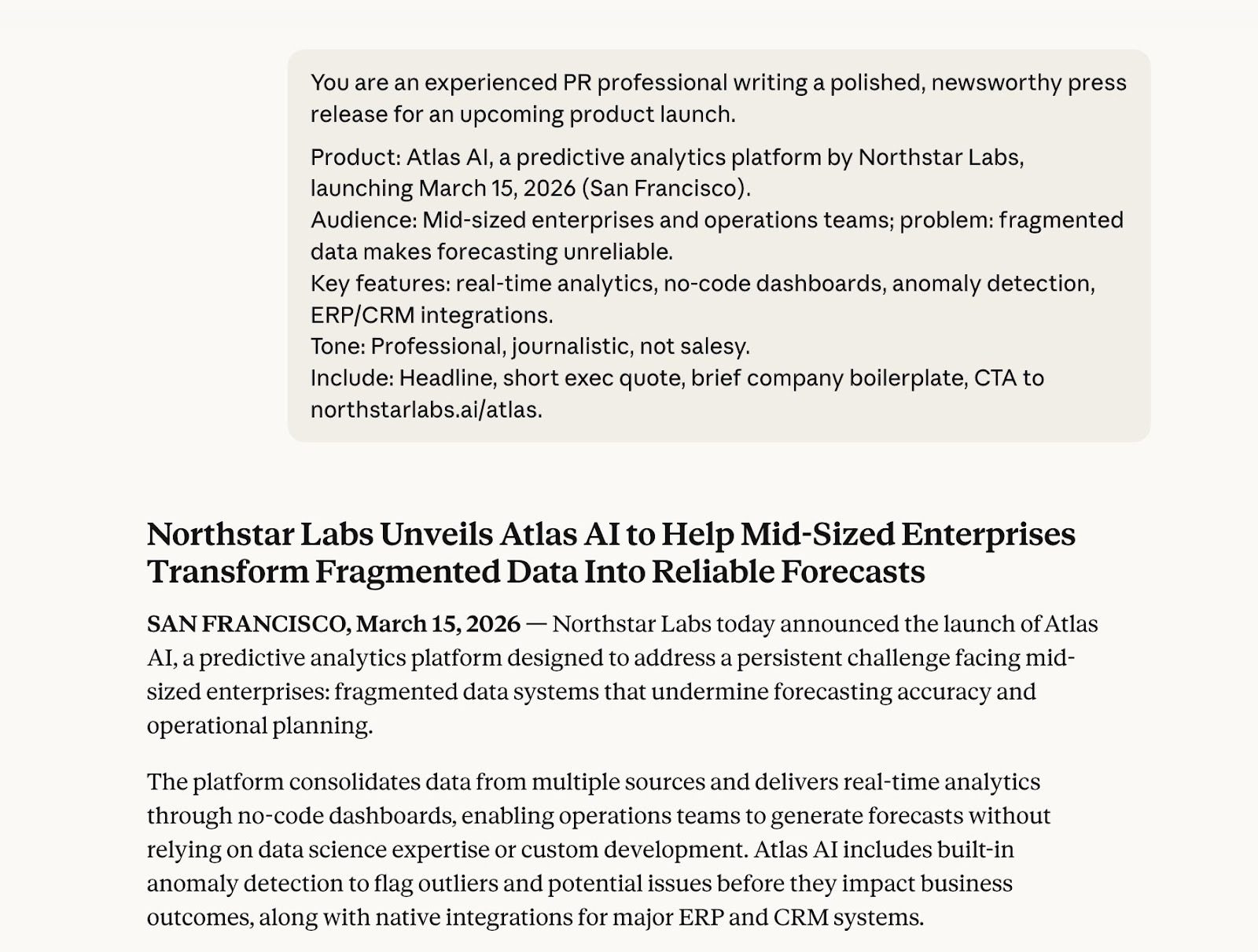 Claude generating a press release for a software product based on a prompt.