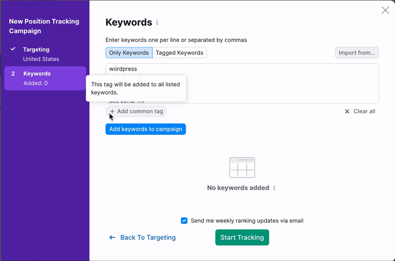 Position Tracking configuration window &ndash; Keywords section. An example how to add a common tag to all keywords. 